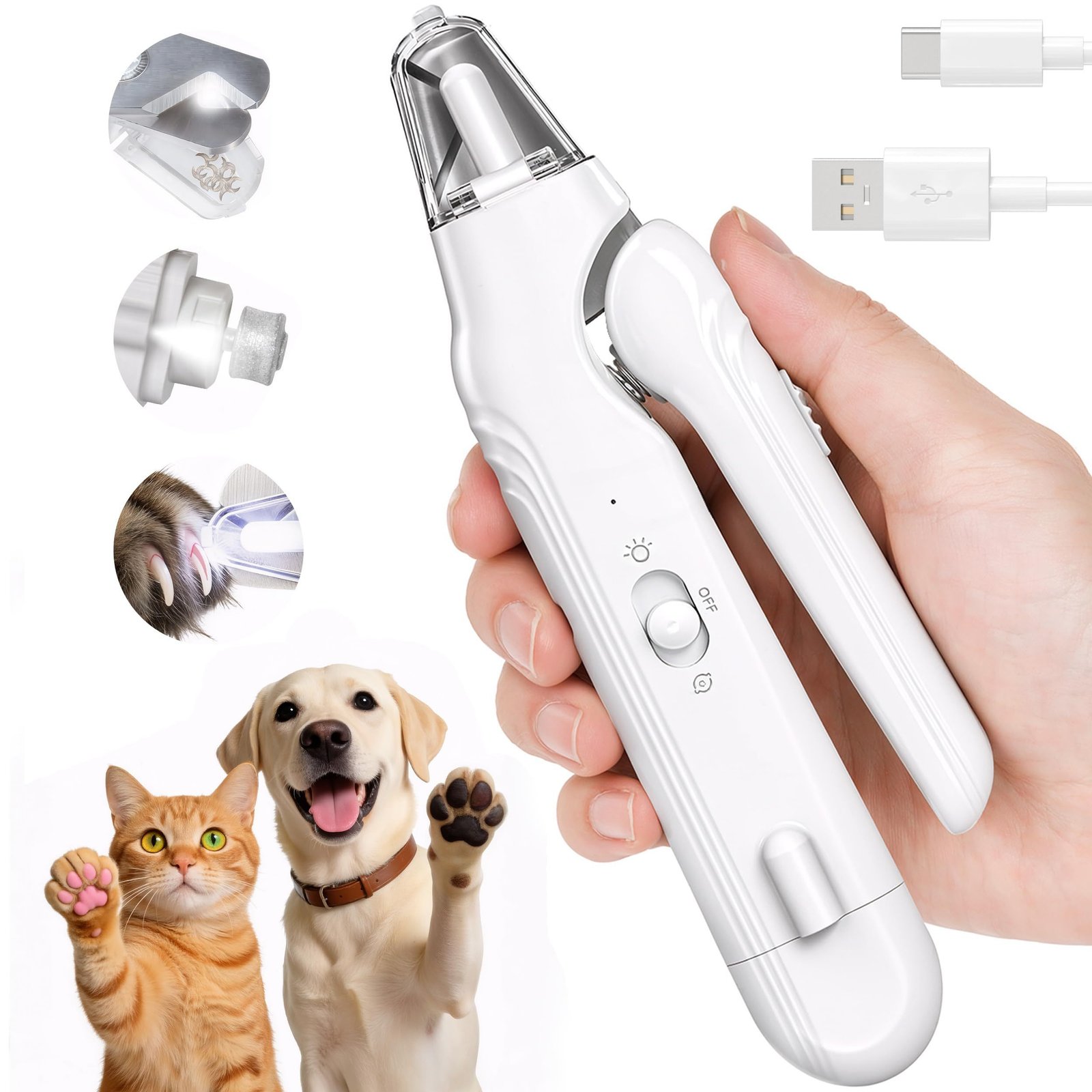 Rechargeable 2-in-1 dog nail clipper and grinder with LED light