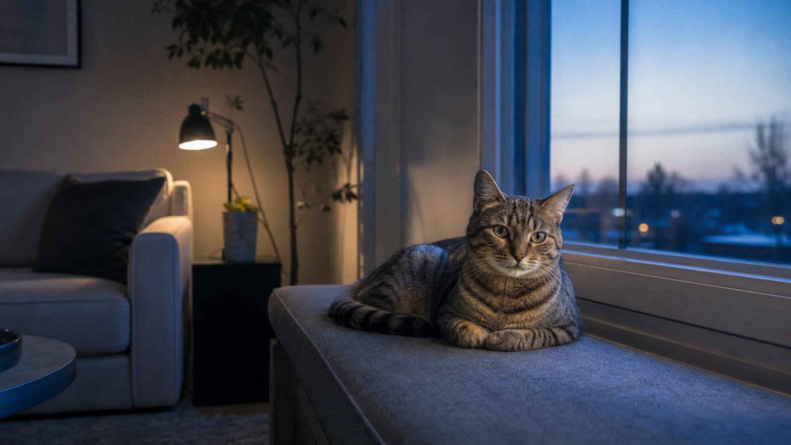 Tabby cat awake beside a window in a calm living room at dawn