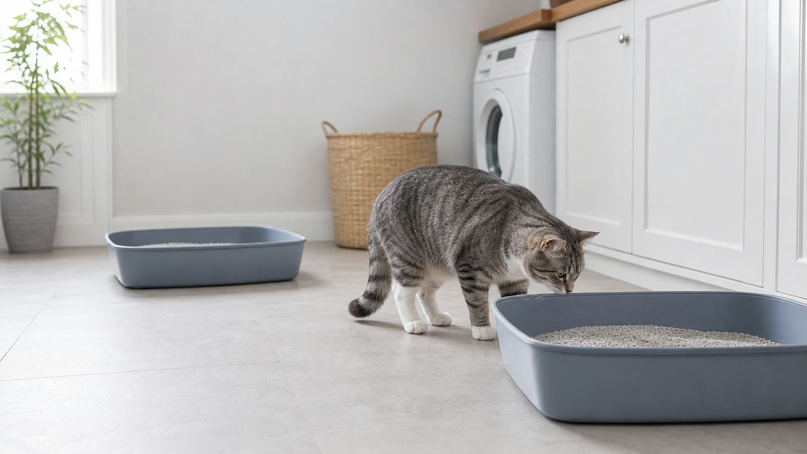 Cat calmly investigating one of two clean open litter boxes