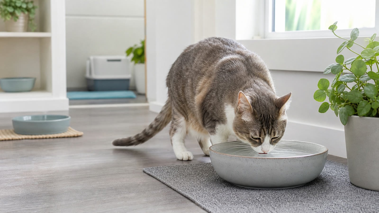 Cat drinking fresh water from a wide shallow ceramic bowl