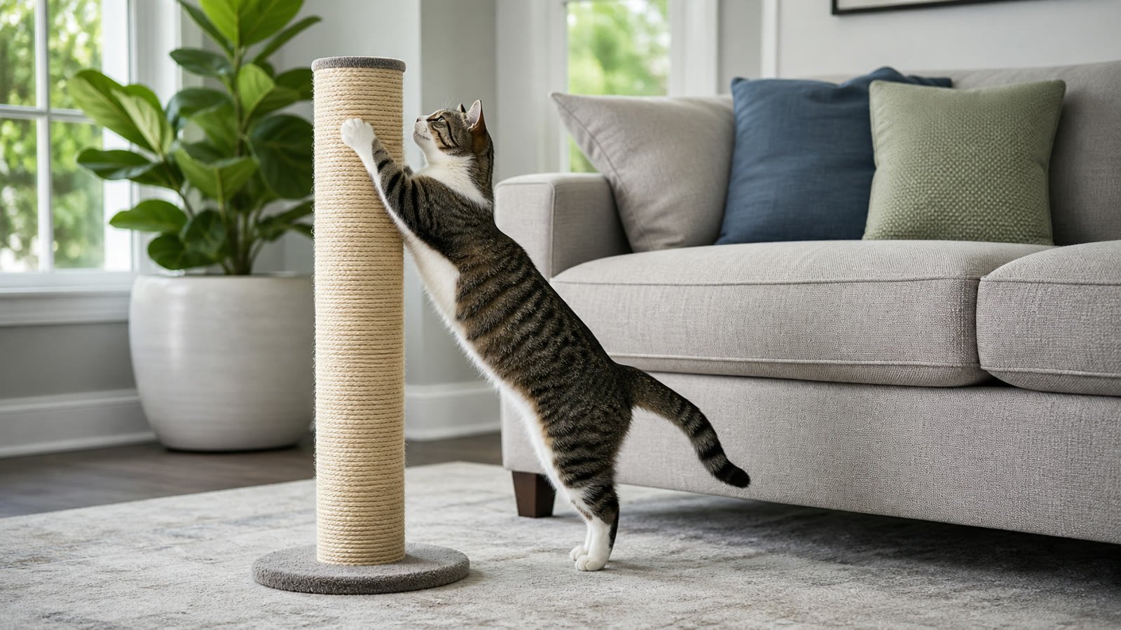 Tabby cat stretching on a tall stable scratching post beside a sofa