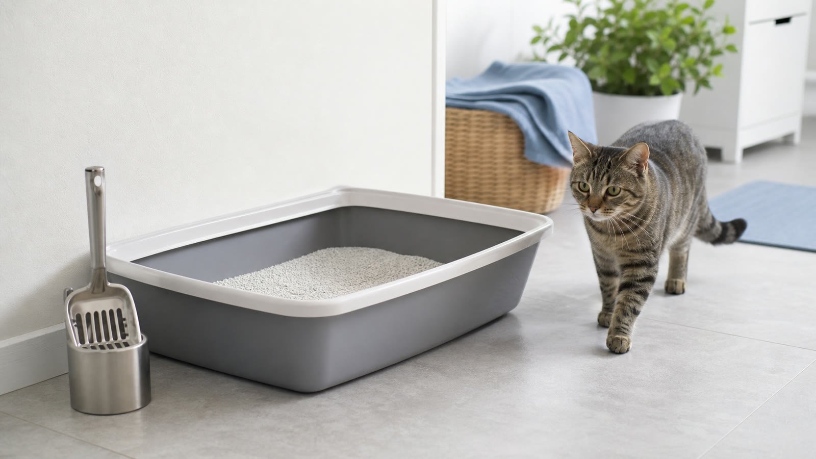 Cat approaching a clean open litter box with fresh litter and a scoop