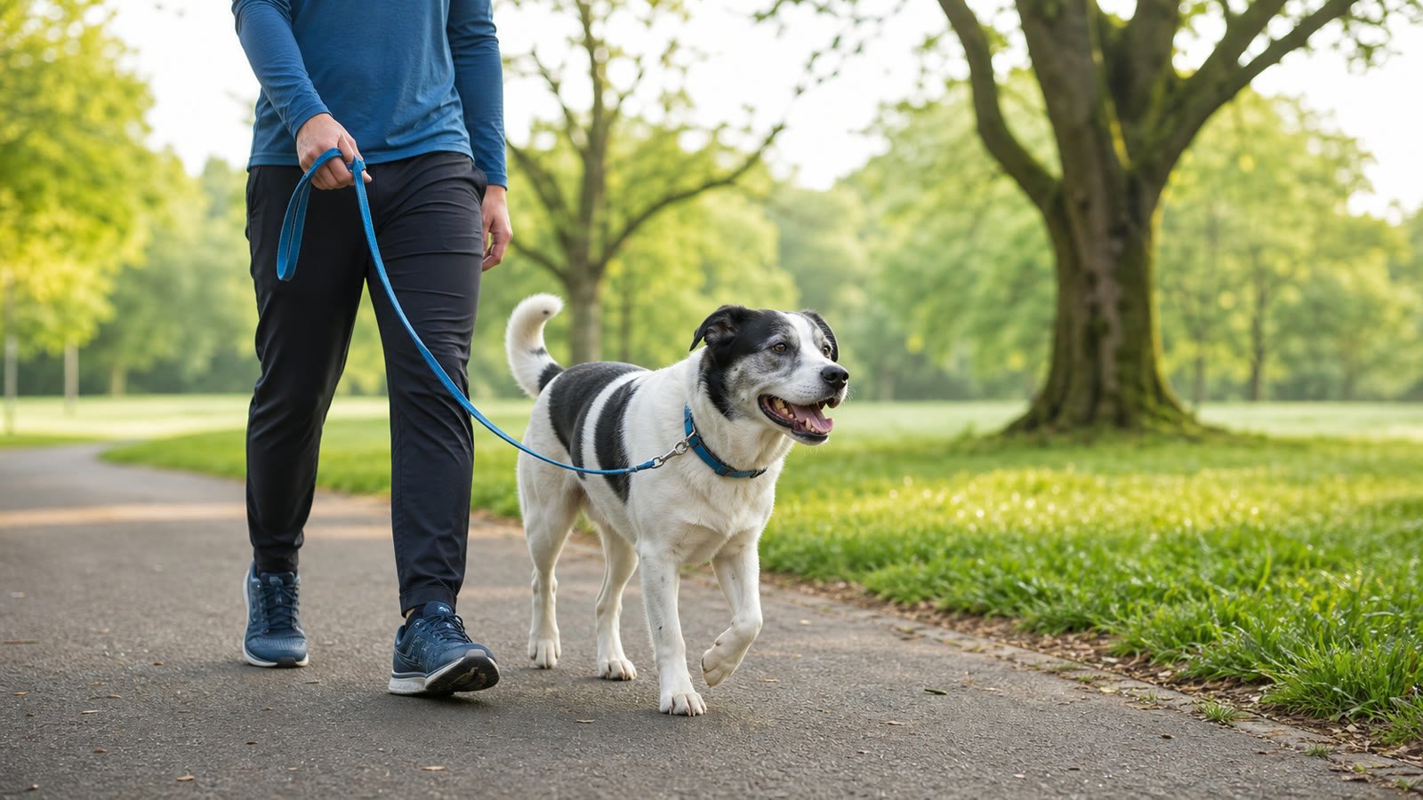 Healthy adult dog walking calmly with its owner on a park path