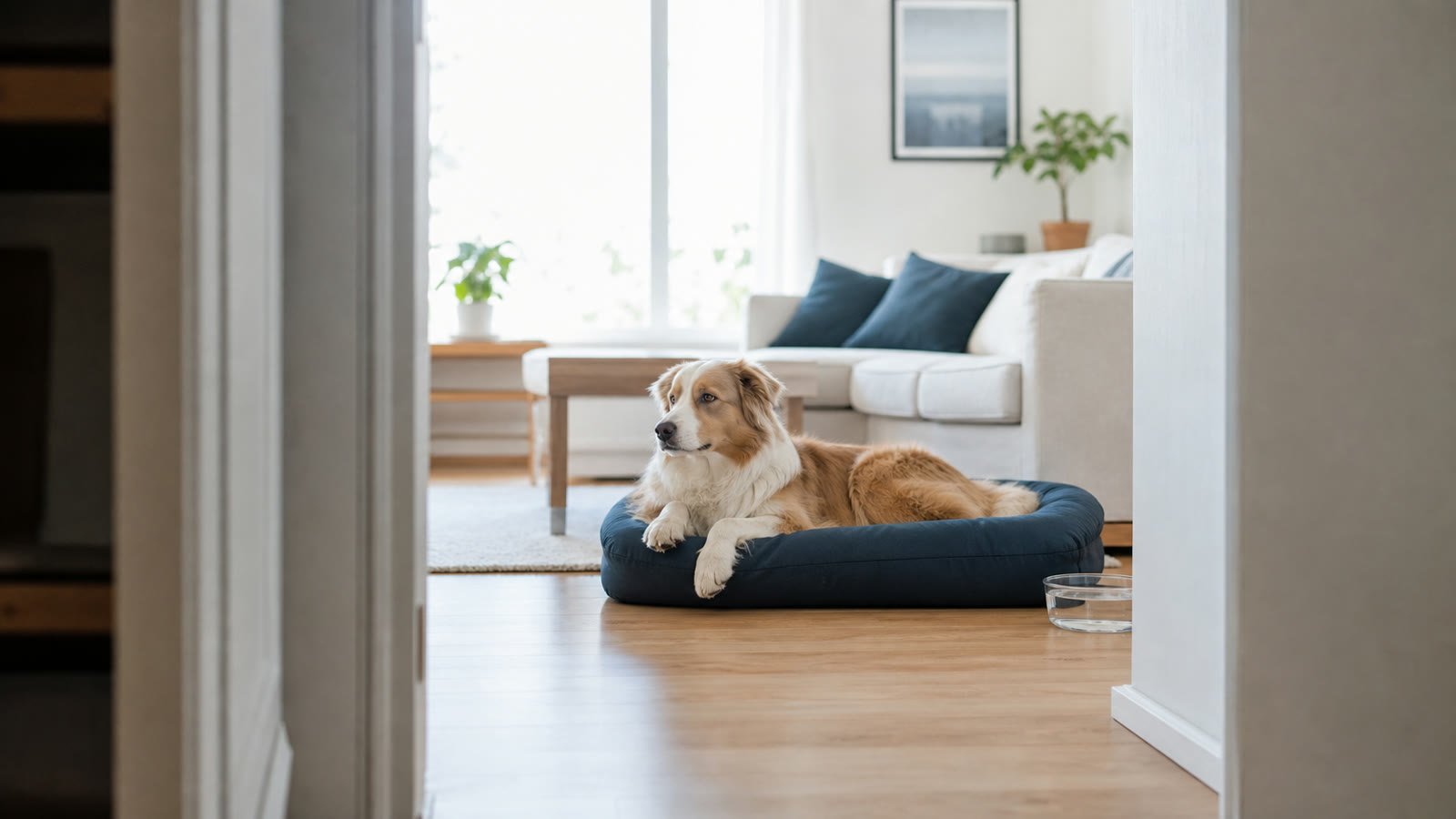 Relaxed dog resting independently on a bed in a safe living room