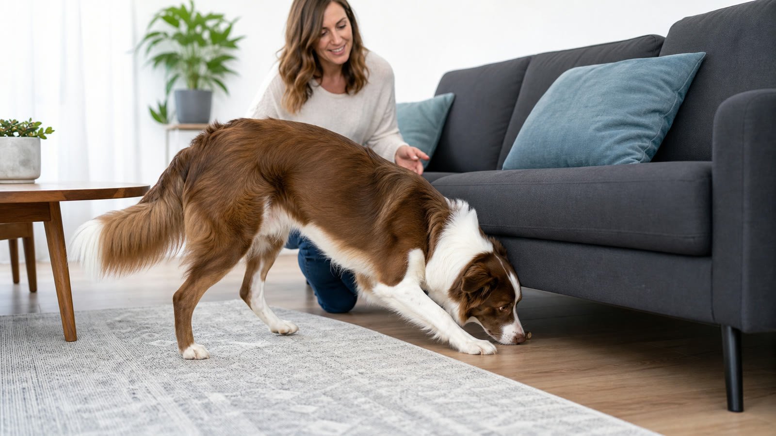 Dog using its nose during a supervised indoor search game