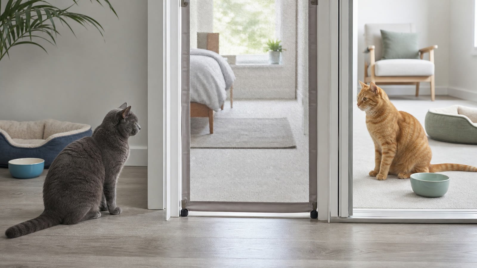 Two relaxed cats observing each other through a secure mesh barrier