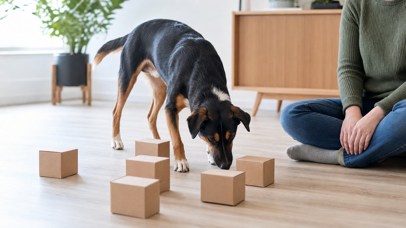 Dog investigating cardboard boxes during a supervised scent game
