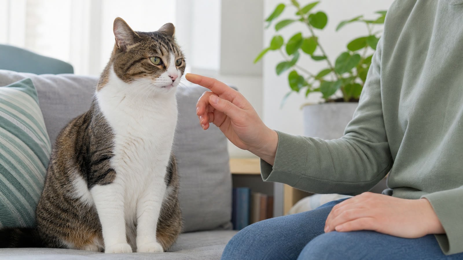 Person offering a still finger while a relaxed cat chooses whether to approach