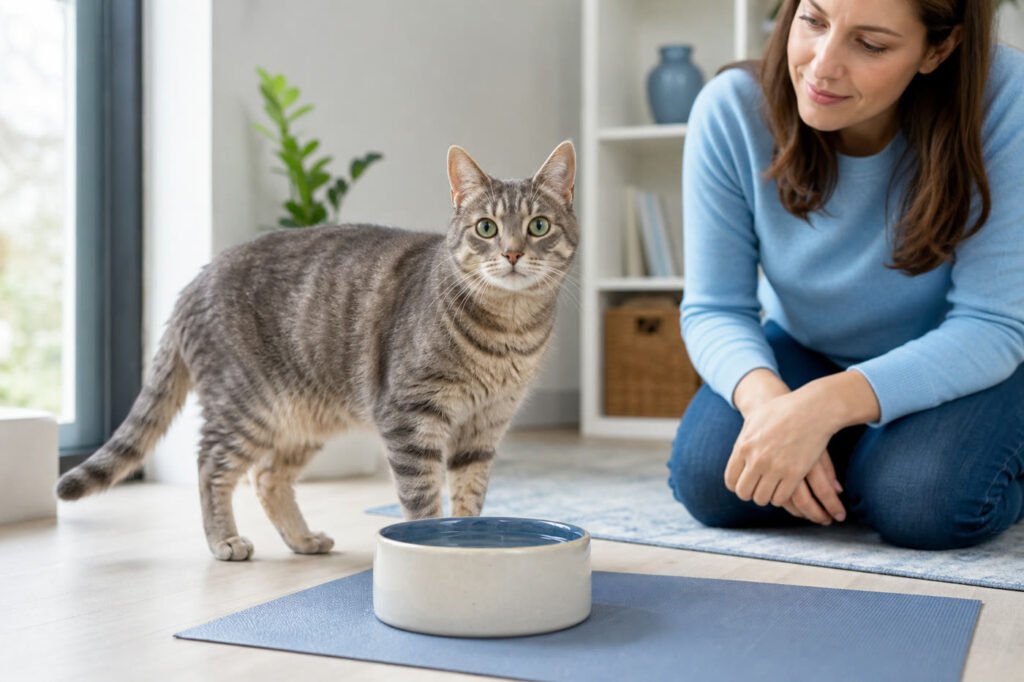 Cat beside a fresh water bowl while its caregiver observes