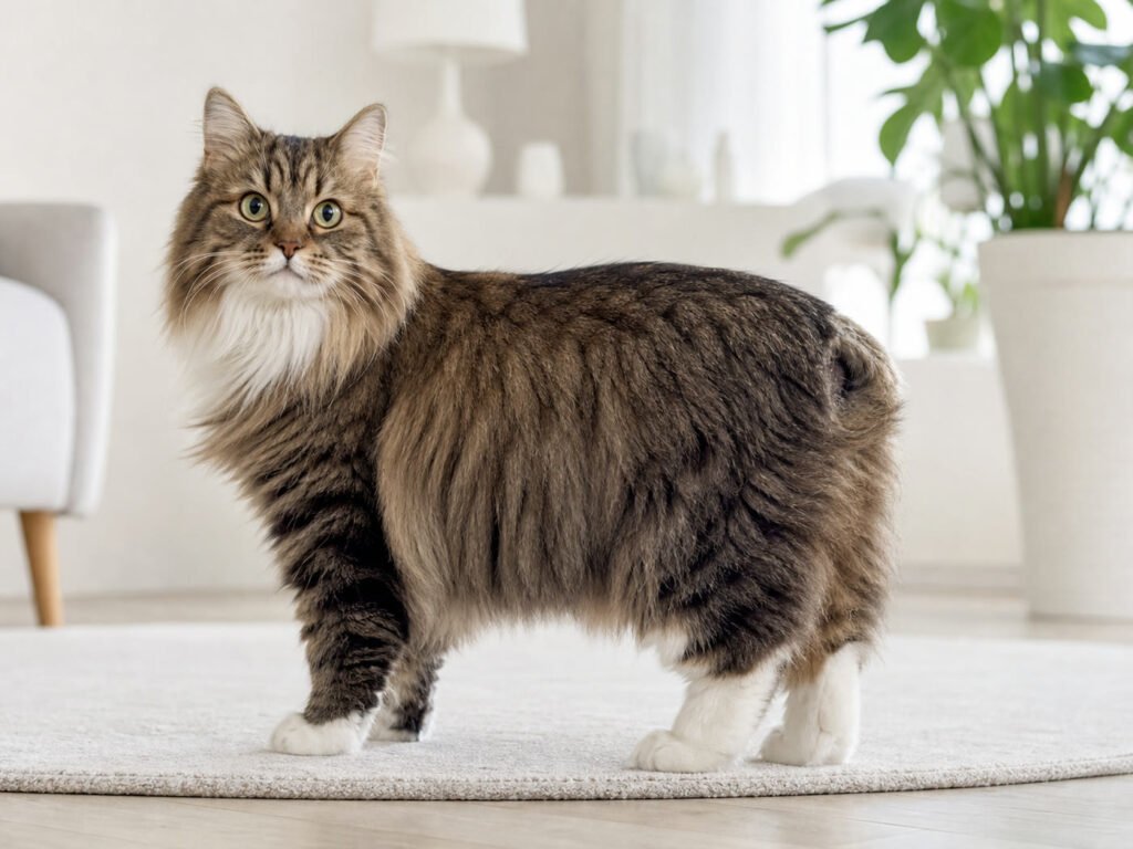 Long-haired tailless Cymric cat shown in full side view