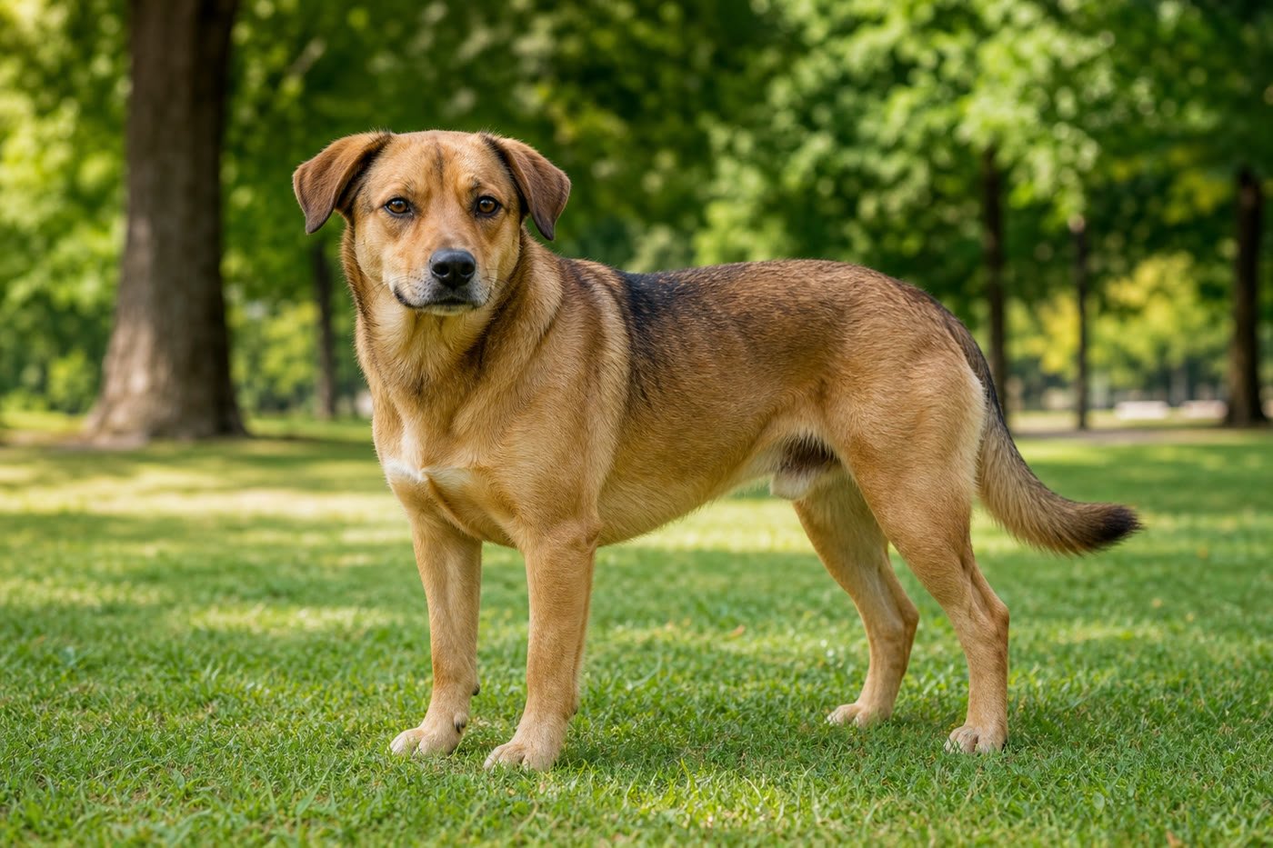 Full-body view of a relaxed dog standing in a quiet park
