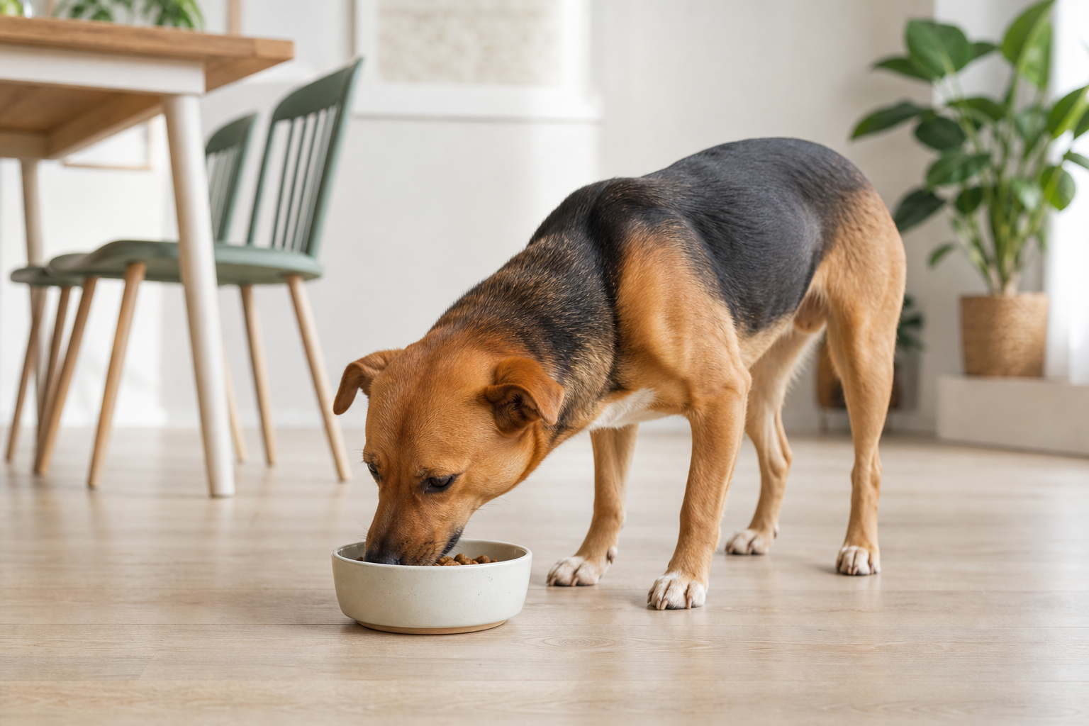 Dog eating calmly from a plain ceramic bowl at home