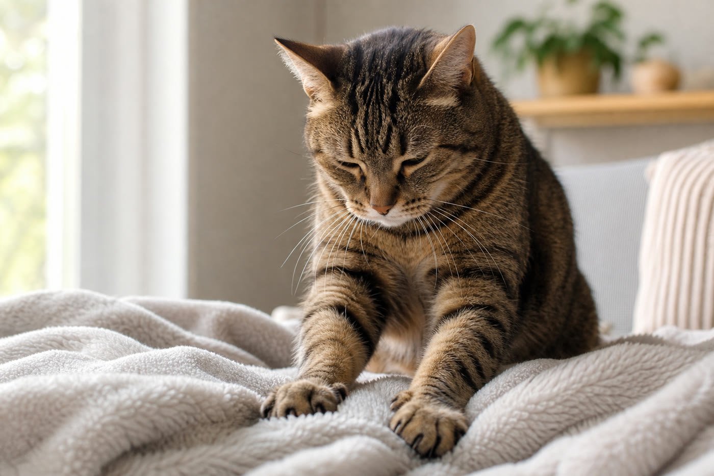 Relaxed adult cat kneading a soft blanket with both front paws