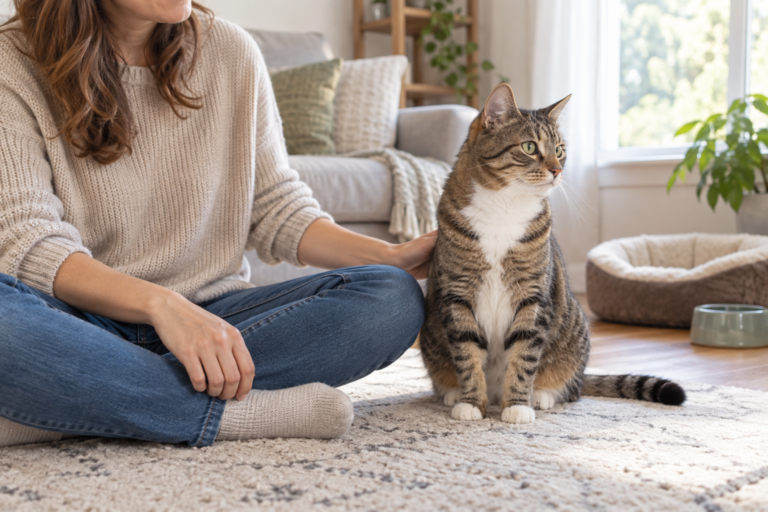 Owner calmly observing a cat at home