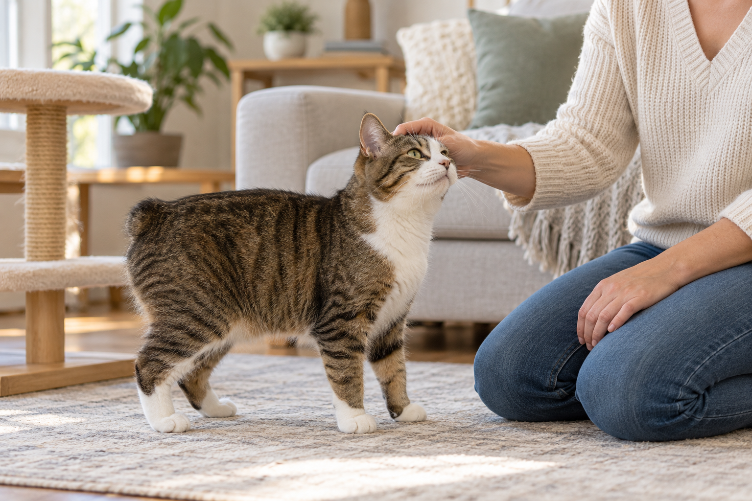 Relaxed Manx cat beside its owner in a calm home environment