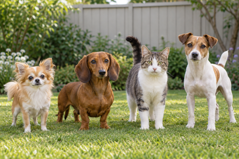 Three healthy small dogs standing beside an adult cat for a visual size comparison