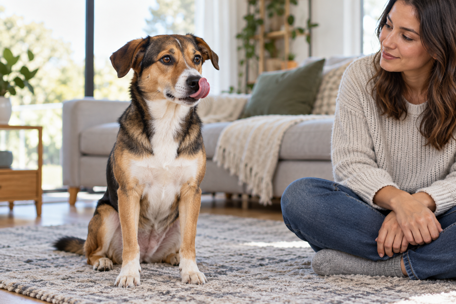 Dog licking its lips while a calm owner observes its behaviour